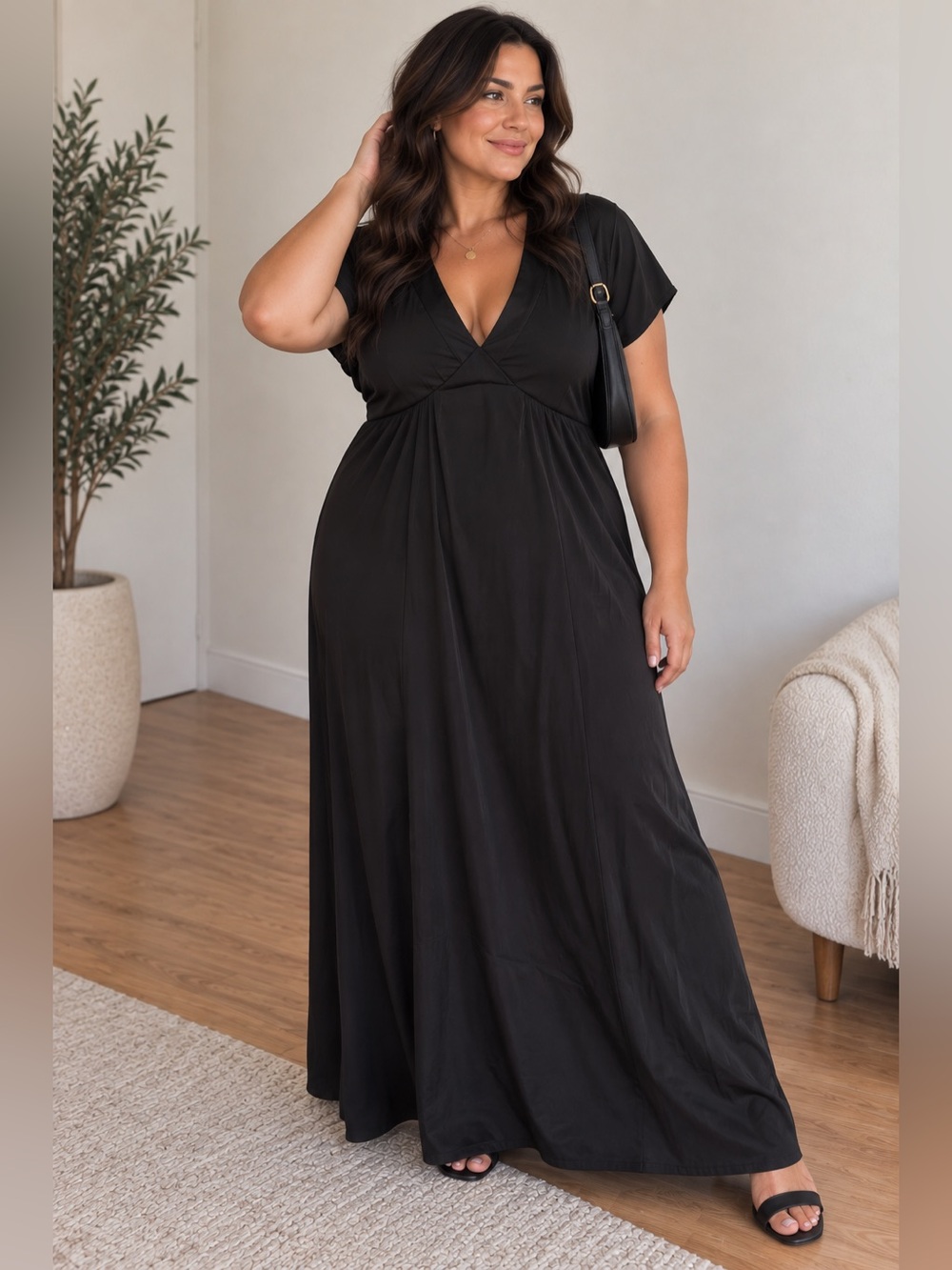 SHEIN Black V-Neck Short Sleeve Maxi Dress